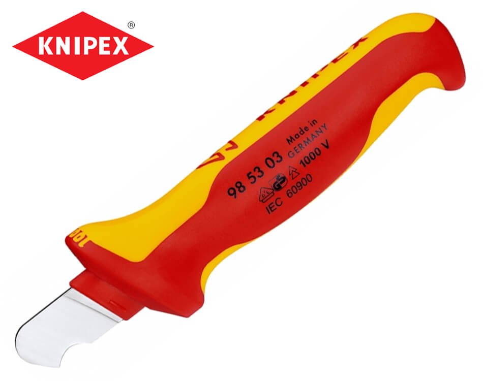 Odizolovaný elektrikársky nôž na odstraňovanie izolácie z kruhových káblov Knipex
