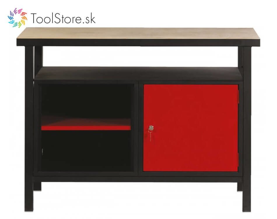 Dielenský pracovný stôl ToolStore Multi s dvierkovou skrinkou a poličkou čierno-červený