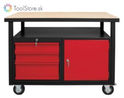 Dielenský pracovný stôl ToolStore Multi na kolieskach s dvierkovou skrinkou a 3 zásuvkami