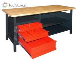 Dielenský pracovný stôl ToolStore Profi 170 cm s 3 zásuvkami a poličkou čierno-červený