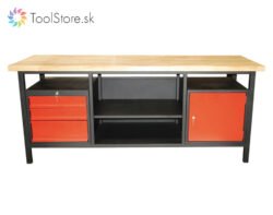 Dielenský pracovný stôl ToolStore Profi 200 cm s dvierkovou skrinkou, 3 zásuvkami a poličkou čierno-červený