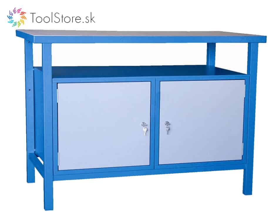Dielenský pracovný stôl ToolStore Multi s 2 dvierkovými skrinkami modro-šedý