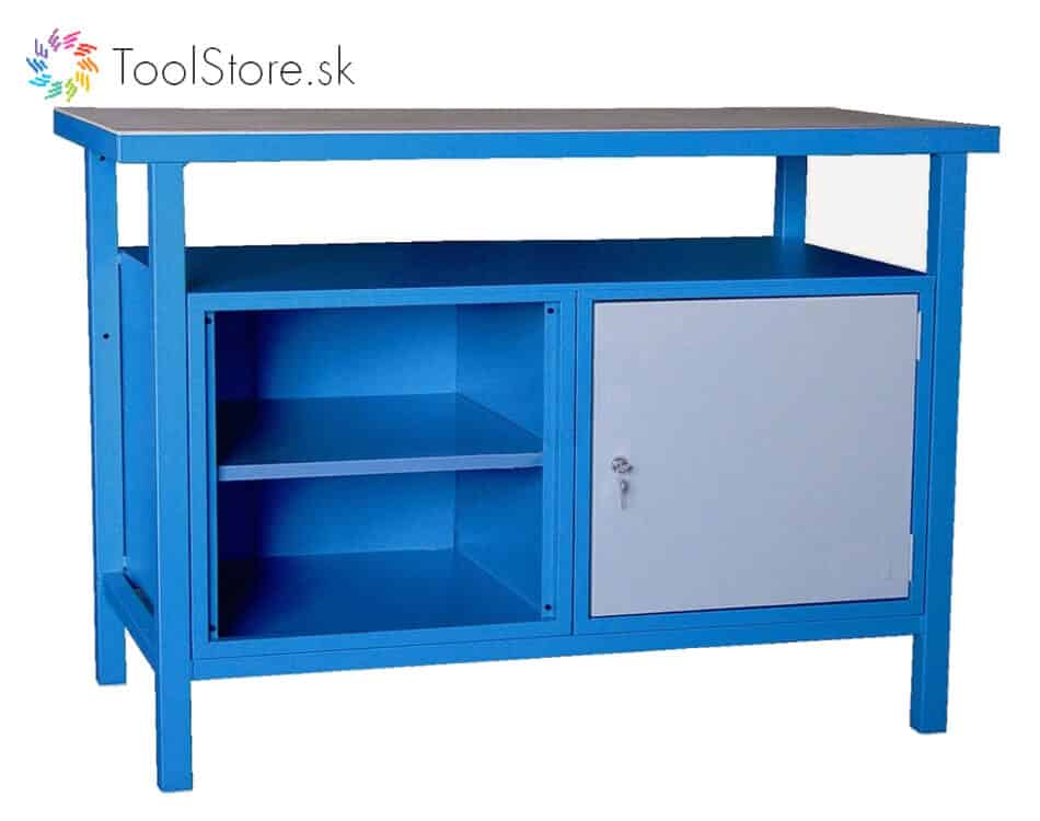 Dielenský pracovný stôl ToolStore Multi s dvierkovou skrinkou a poličkou modro-šedý