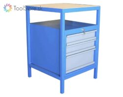 Polovičný dielenský pracovný stôl ToolStore Multi s 3 zásuvkami modro-šedý