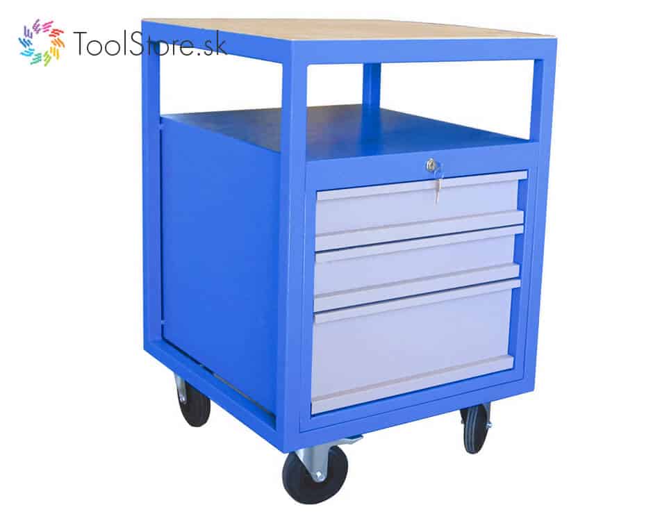 Polovičný dielenský pracovný stôl na kolieskach ToolStore Multi s 3 zásuvkami modro-šedý