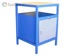 Polovičný dielenský pracovný stôl ToolStore Multi s dvierkovou skrinkou modro-šedý