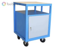 Polovičný dielenský pracovný stôl na kolieskach ToolStore Multi s dvierkovou skrinkou modro-šedý